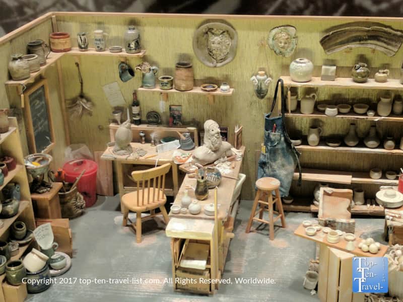 Miniature pottery studio display at the Mini Time Museum of Miniatures in Tucson