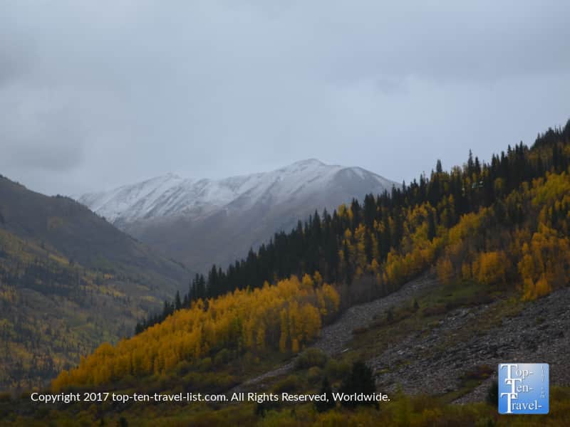 Snow capped peaks and fall foliage near Silverton