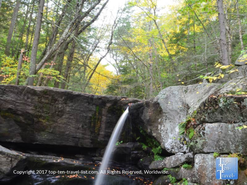 Pretty waterfall and fall foliage at Enders Falls in Granby, Connecticut