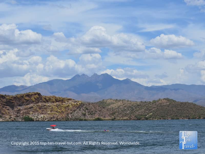 Views of the Four Peaks mountain range from Saguaro Lake in Arizona
