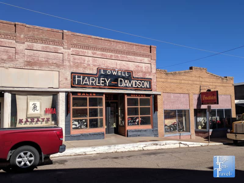Old Harley Davidson shop in ghost town Lowell, Arizona