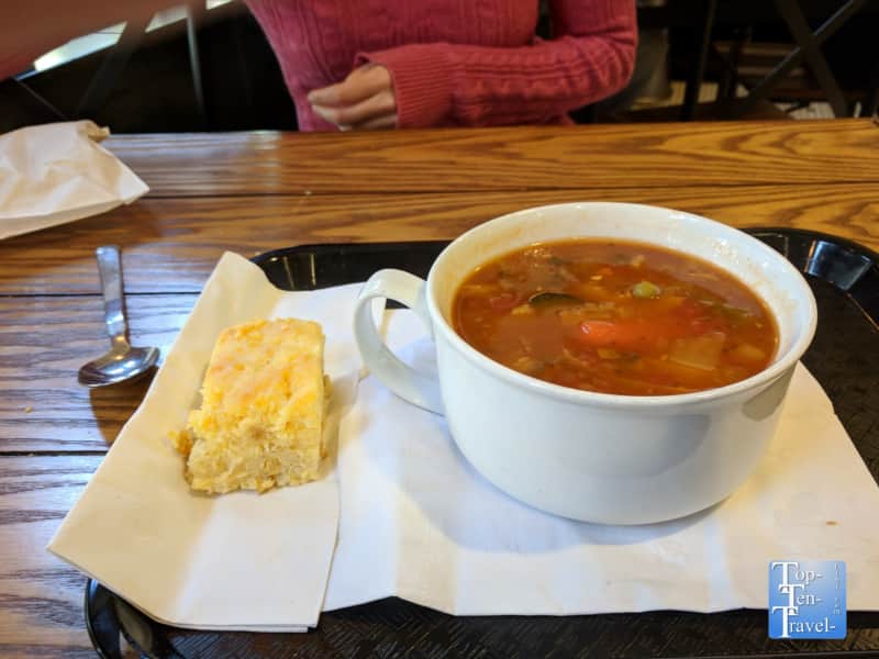 Vegetable soup and homemade cornbread at the Portland Kettle