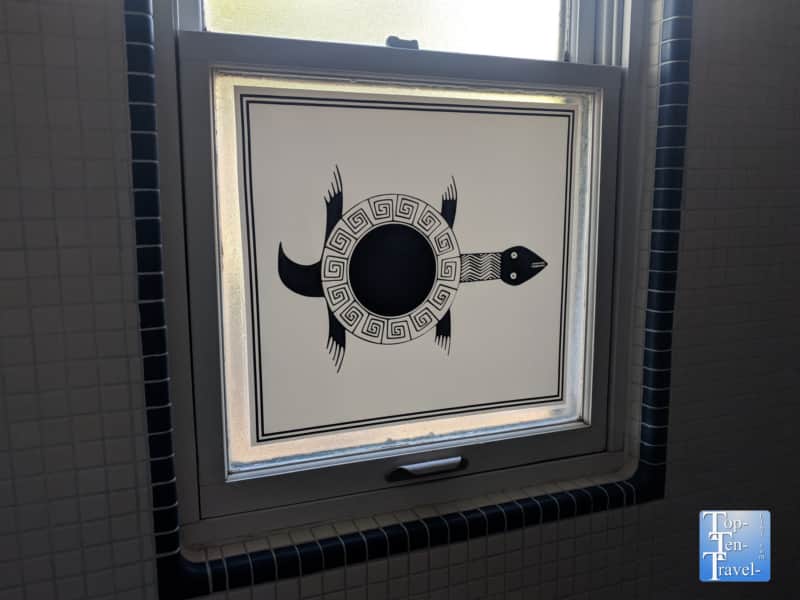 Eclectic bathroom art at the Bear Mountain Lodge in Silver City, New Mexico