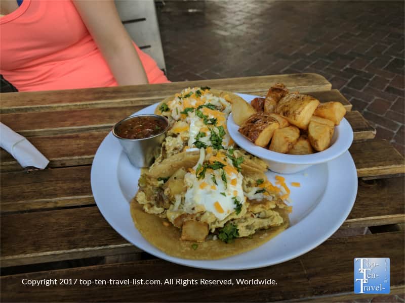 Delicious breakfast tacos at Seis Kitchen in Tucson, Arizona