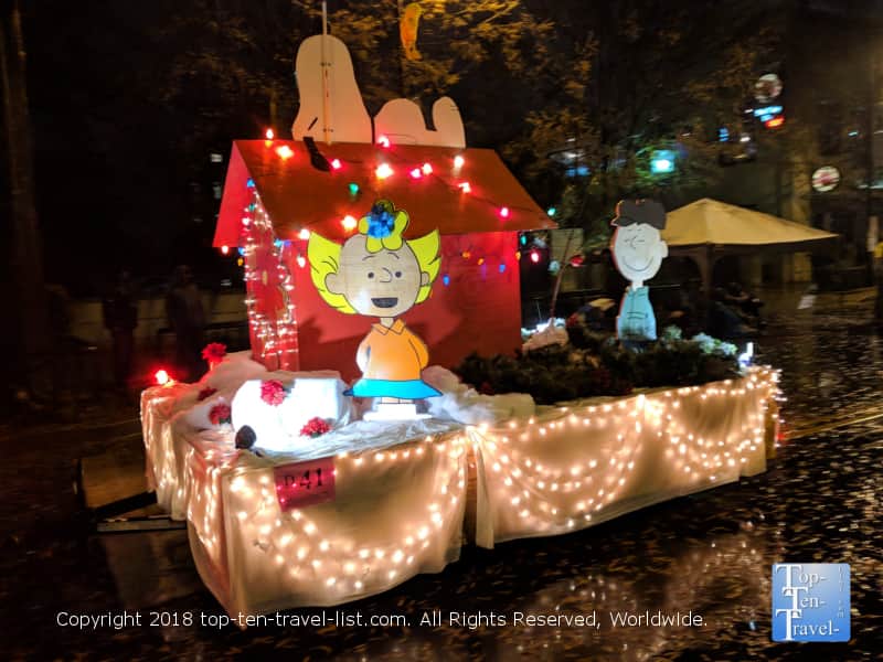 Snoopy float in the Poinsettia parade in downtown Greenville