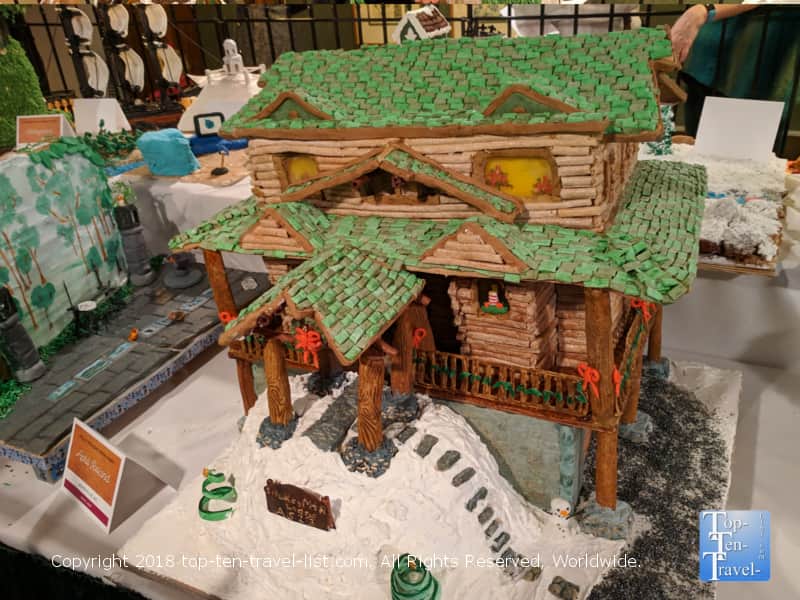 Log cabin gingerbread house at the Omni Park Grove in Asheville, North Carolina 
