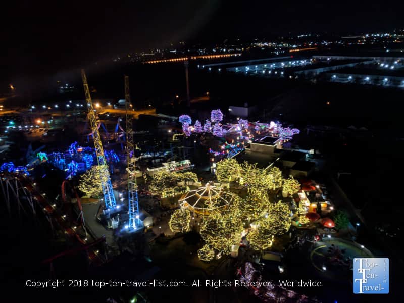 View of the Winterfest lights at Carowinds from the SkyTower ride