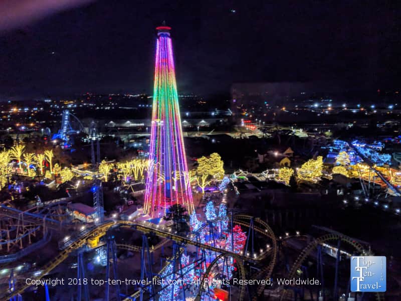 View of the Winterfest lights at Carowinds from the Skytower ride