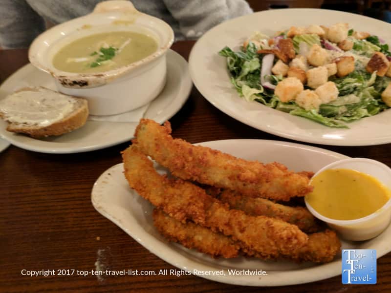 Fried pickle spears, salad, and potato leek soup at the Irish Embassy Pub in downtown Durango