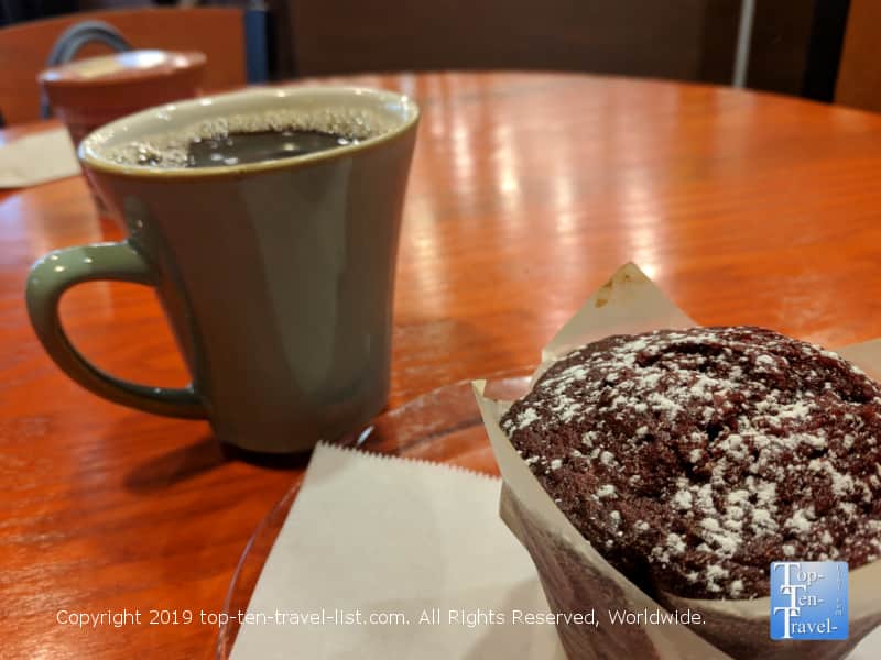 Red Velvet muffin and house coffee at Port City Java in Greenville, SC