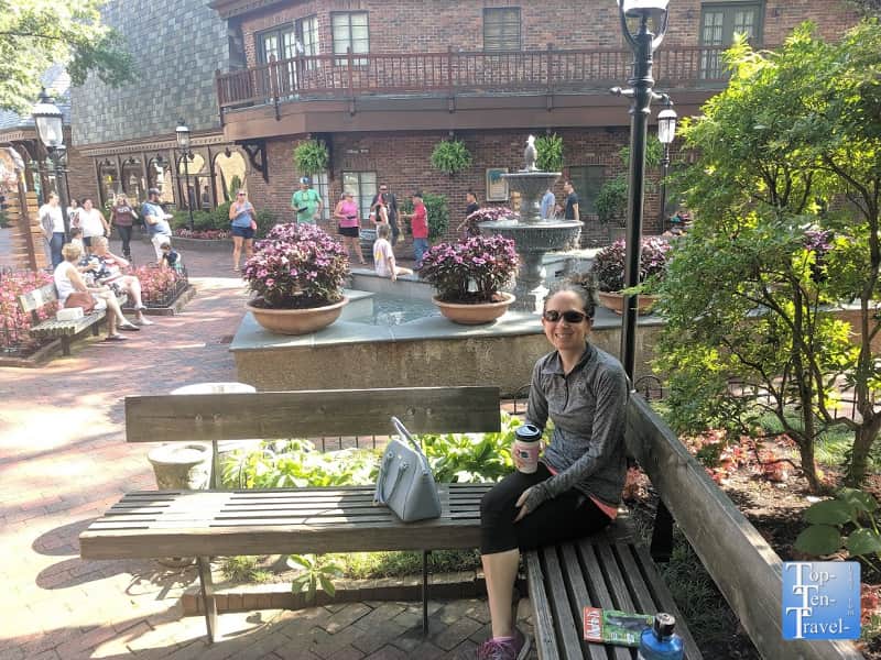 Enjoying a coffee at the Village shops in Gatlinburg,TN