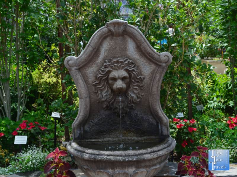 Lion fountain at the Lake Lure Flowering Bridge in North Carolina
