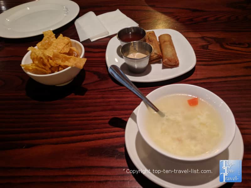 Egg roll and egg flower soup at Lieu's Chinese Bistro in Greenville, South Carolina 