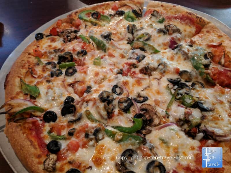 Vegetable loaded pizza at Olympian Grill in Greenville, South Carolina 