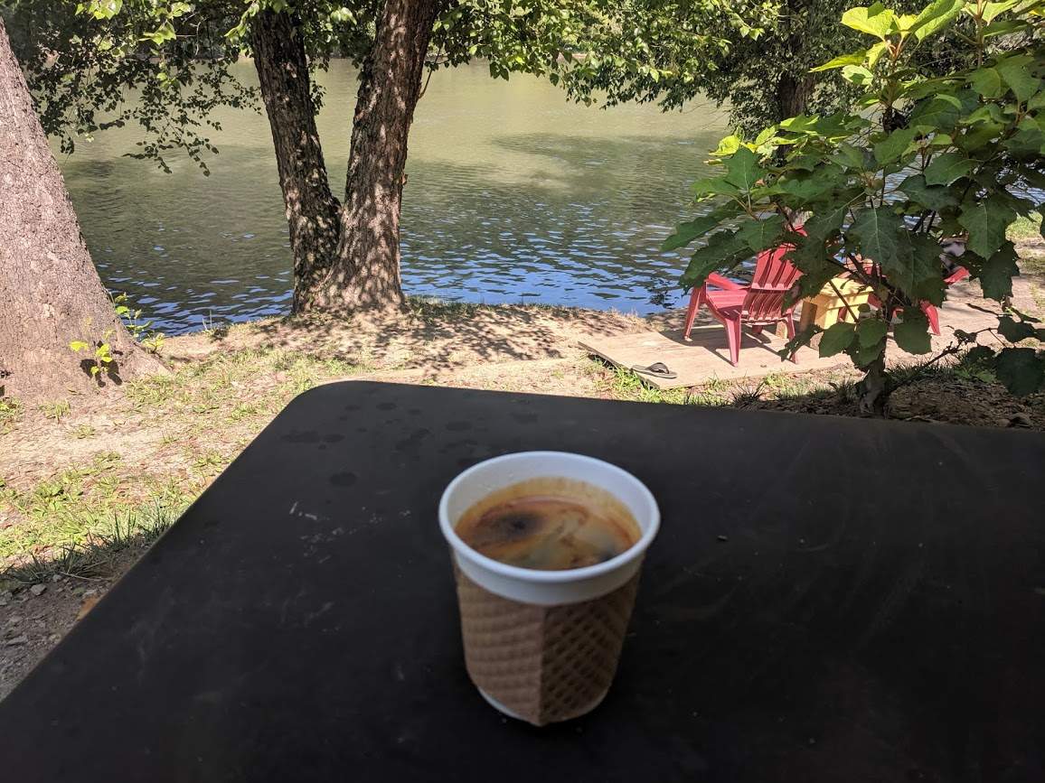 Coffee with a scenic river view at High Five near Asheville, North Carolina
