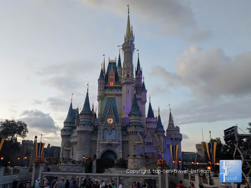 Pumpkins in front of Cinderella's Castle for Mickey's Not So Scary Halloween Party