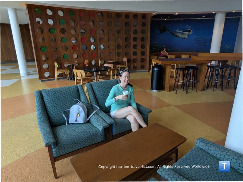 Enjoying a coffee at Starbucks at Cabana Bay resort 