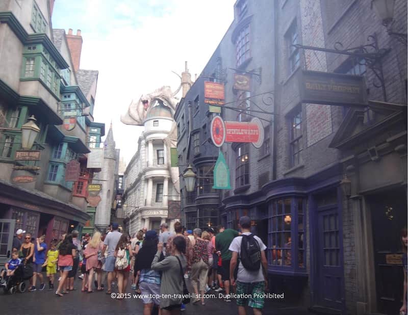 Crowds at Diagon Alley at the Wizarding World of Harry Potter at Universal Studios in Orlando, Florida