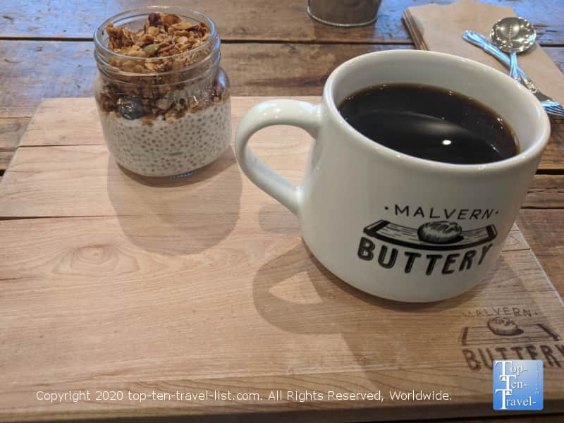 Delicious coffee and chia seed pudding at Malvern Buttery in Malvern, Pennsylvania
