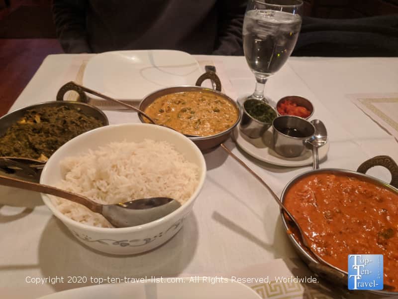 Tikki Masala, Saag Paneer, and Veggie Korma at Nirvana Indian Bistro in Lafayette Hills, PA