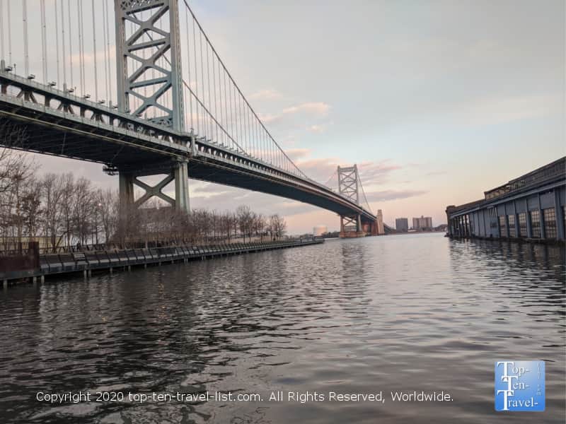 Pretty views of the Benjamin Franklin Bridge from Race Street Pier in Philadelphia