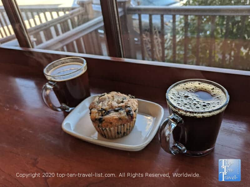 Great blueberry muffin and house coffee at Pour Richard's coffee in Devon, Pennsylvania 