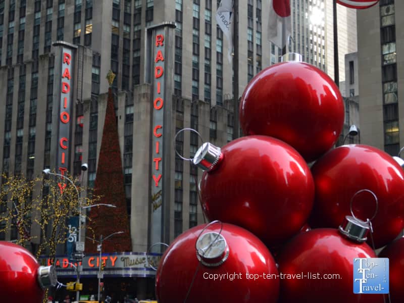 Giant Christmas ornaments in NYC near Radio City