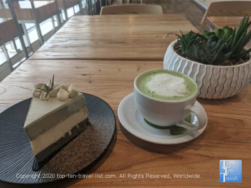 Matcha green tea latte and matcha cheesecake at A La Mousse in Philadelphia