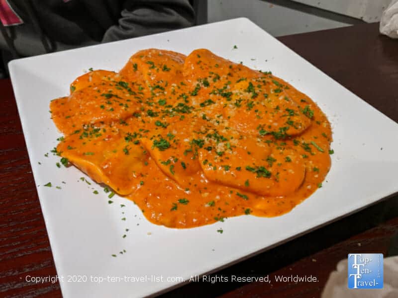 Delicious butternut squash ravioli at Dino's Pizza & Pasta in East Bridgeport, Pennsylvania