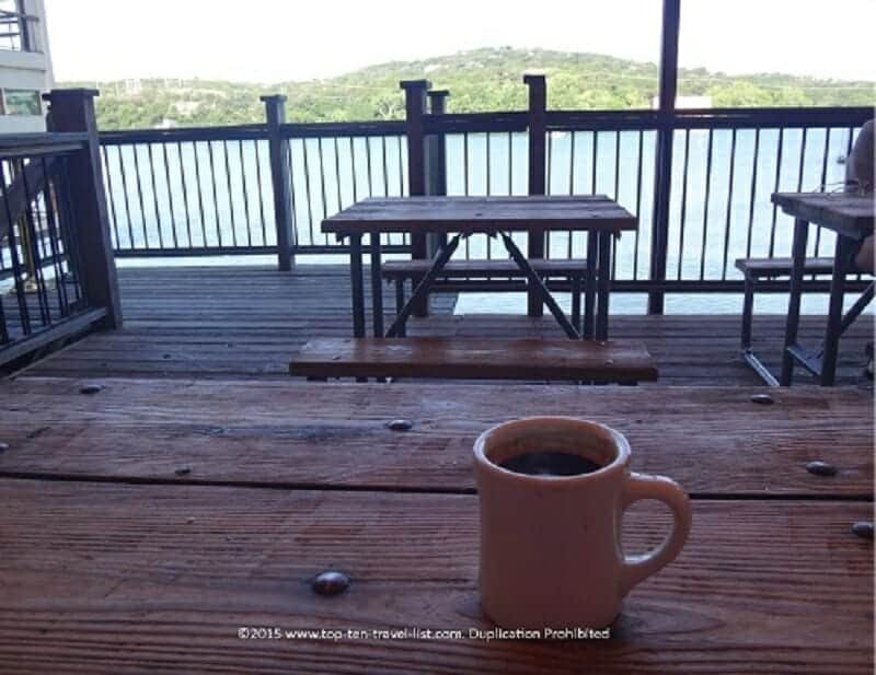 Scenic lakeview at Mozart's Coffee Roasters in Austin, Texas