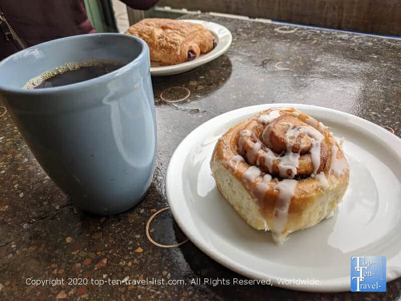 Tasty drip coffee and a delicious cinnamon roll at High Point Cafe in Mt. Airy Philadelphia 