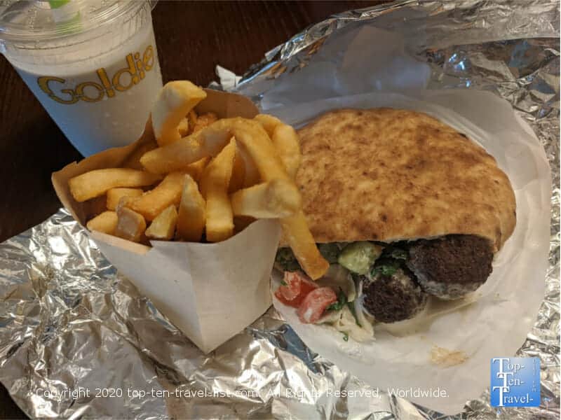 Amazing falafel pita, fries, and vegan tehina shake at Goldie in Philadelphia