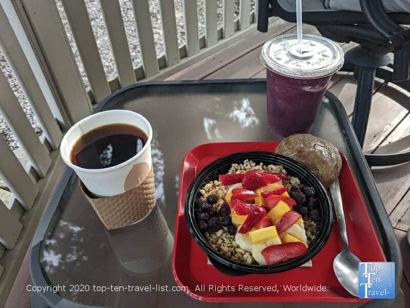 Smoothie, acai bowl, GF muffin, and a delicious coffee at Ohana Fresh in Palm Harbor, Florida 