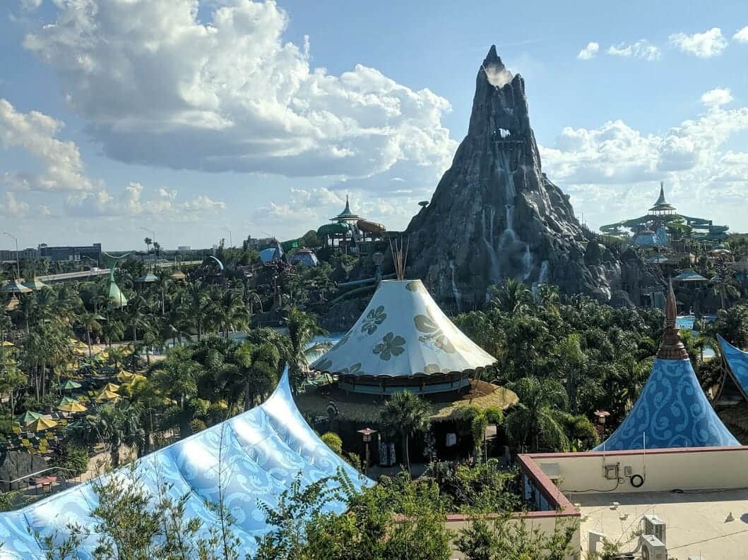 View of Volcano Bay water park from Cabana Bay property