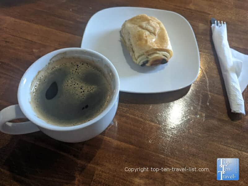 Americano and Chocolate croissants at Cork and Beans in downtown Dunedin, Florida