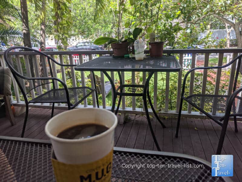 Americano  on the shady patio at Jet City Espresso in Tampa, Florida 