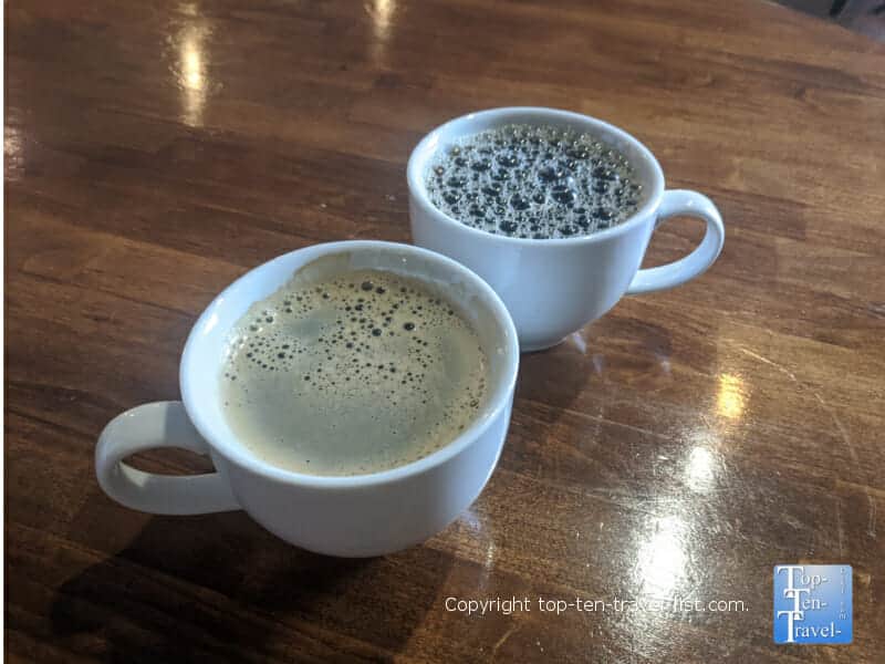 Delicious house coffee and Americano at Cork and Beans in downtown Dunedin, Florida 