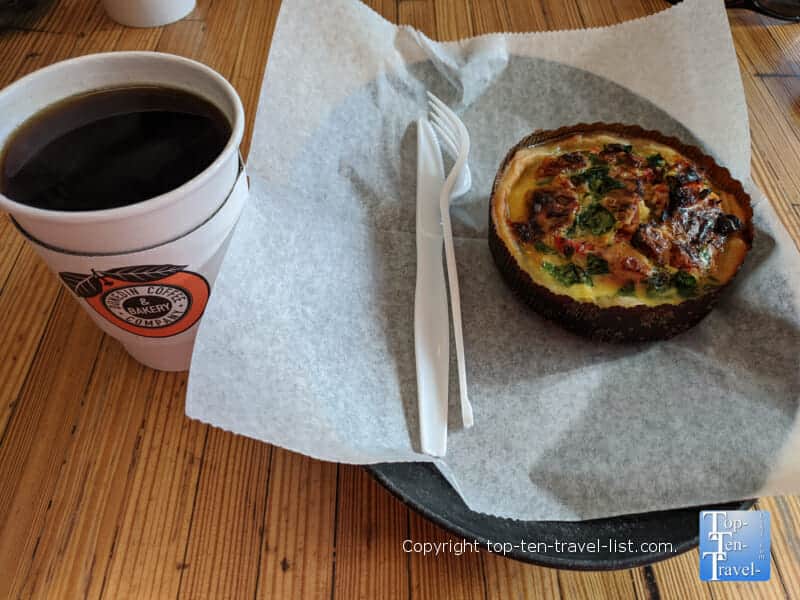 Veggie quiche and a house coffee at Dunedin Coffee Company in Florida 