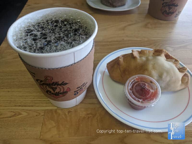 Vegetarian black bean empanada and house coffee at Southie Coffee in Clearwater, Florida 