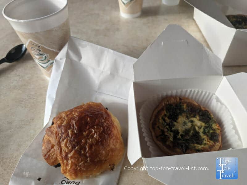 Veggie quiche and chocolate croissant at Cafe de Paris in Indian Rocks Beach, Florida 