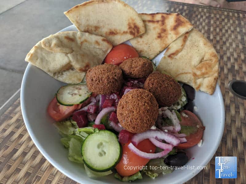 Delicious Greek salad with Falafel and pita at The Hungry Greek restaurant in Wesley Chapel, Florida 