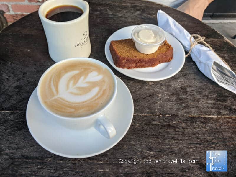 Pumpkin Spice Latte and Pumpkin Bread at Buddy Brew Coffee at Hyde Park Village in Tampa, Florida
