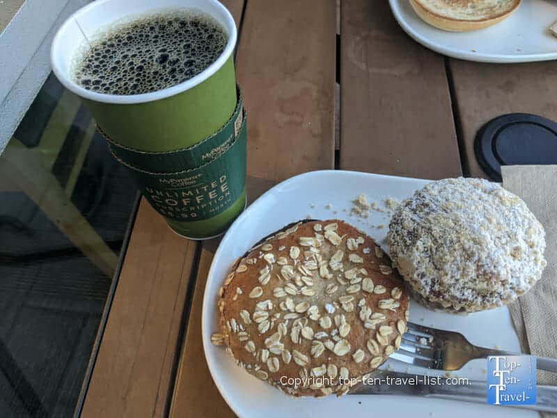 Pumpkin muffin. house coffee, and sprouted bagel at Panera Bread 