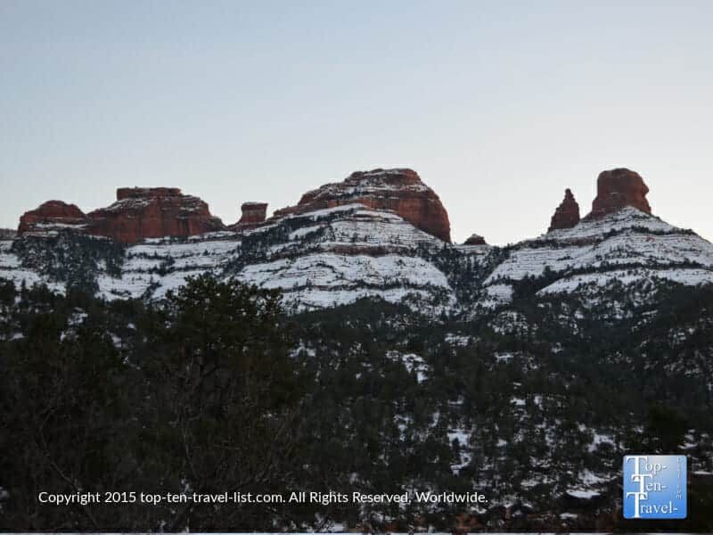 Snowy red rock scenery along Oak Creek Canyon near Sedona