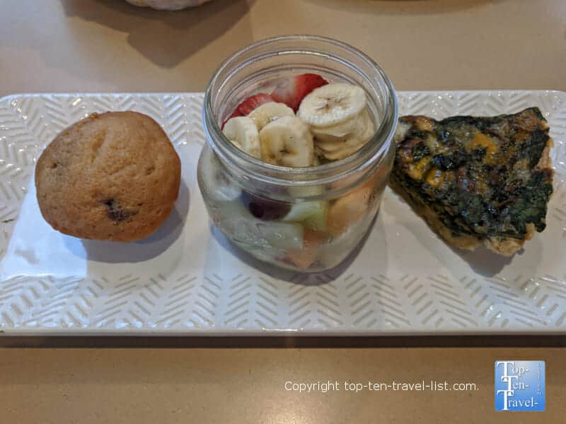 Veggie quiche, muffin, and fresh fruit at Samaria Cafe in downtown Tampa, FL