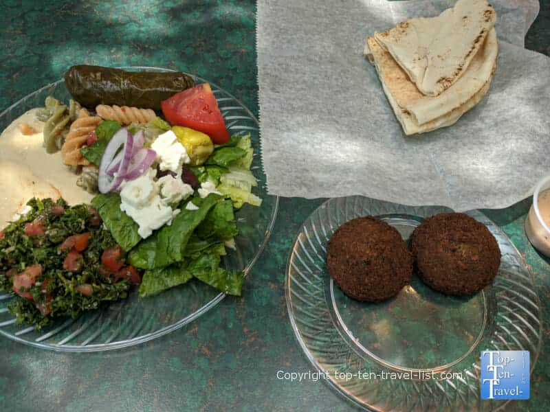 Salad sampler and falafel at Bread and Butter Deli in Tarpon Springs, Florida 