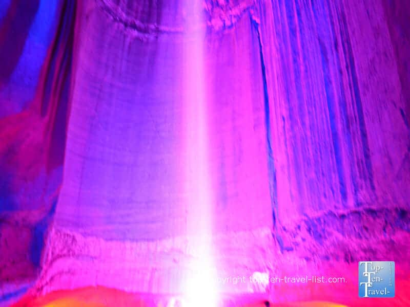 Colorful LED light show at Ruby Falls