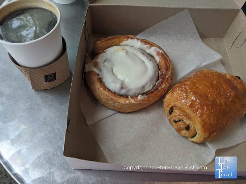 Cinnamon roll, chocolate croissant, and an Americano at City Bakery in Asheville, North Carolina 