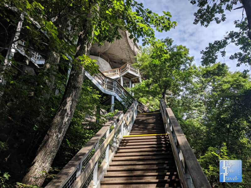 499 step stair climb at Chimney Rock State Park in Western North Carolina 