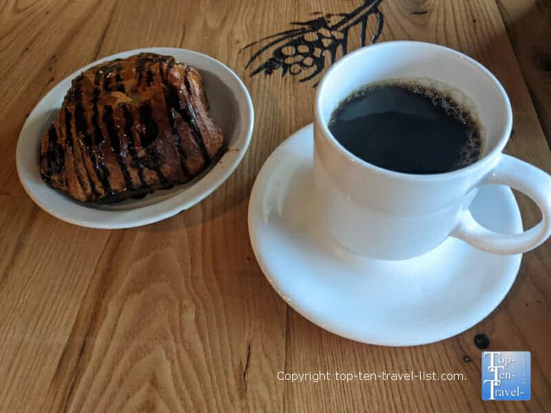 Chocolate Croissant and Coffee at Fletcher Village Bakery in Fletcher, North Carolina
